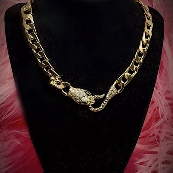 Gold Snake Serpent Cuban Chain Link Zircon Choker Necklace - Picture 4 of 11